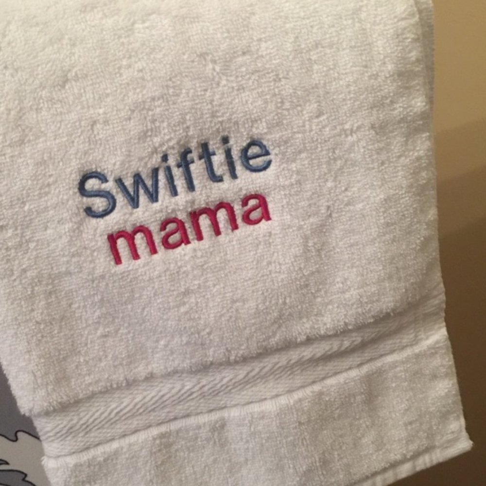 Swiftie Mama embroidered white bath towel gift for Taylor Swift fans
